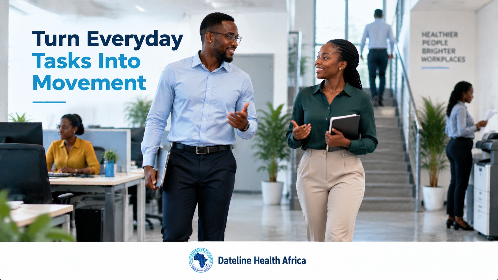 Image of an African male office workers having a discussion while walking, showing how everyday activities can create opportunities for more movement during the day.